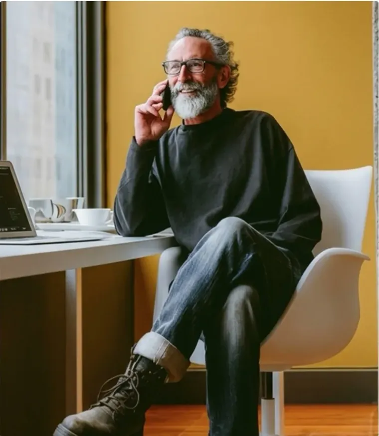 A business owner taking a call at a desk in a sunlit office